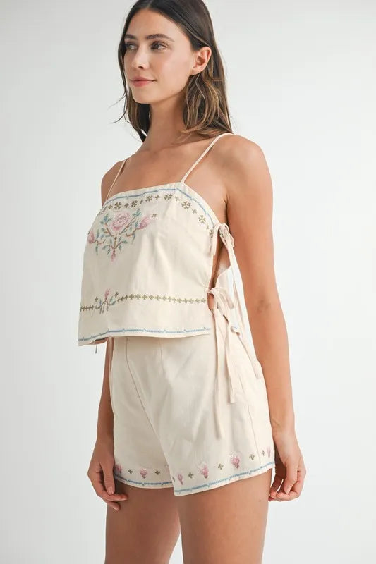 MABLE Embroidered Crop Top and Shorts Set - felvior