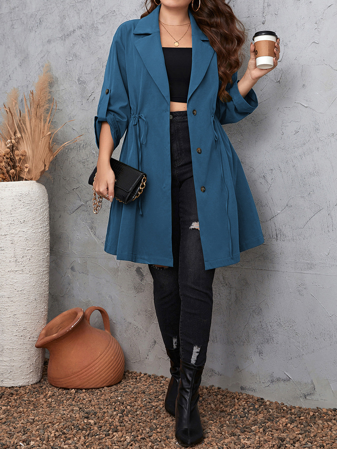 Honey Plus Size Lapel Collar Drawstring Roll-Tab Sleeve Trench Coat - felvior