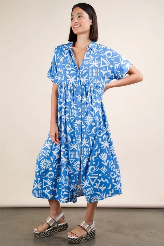 VERY J Plus Size Oversized Printed Shirt Midi Dress
