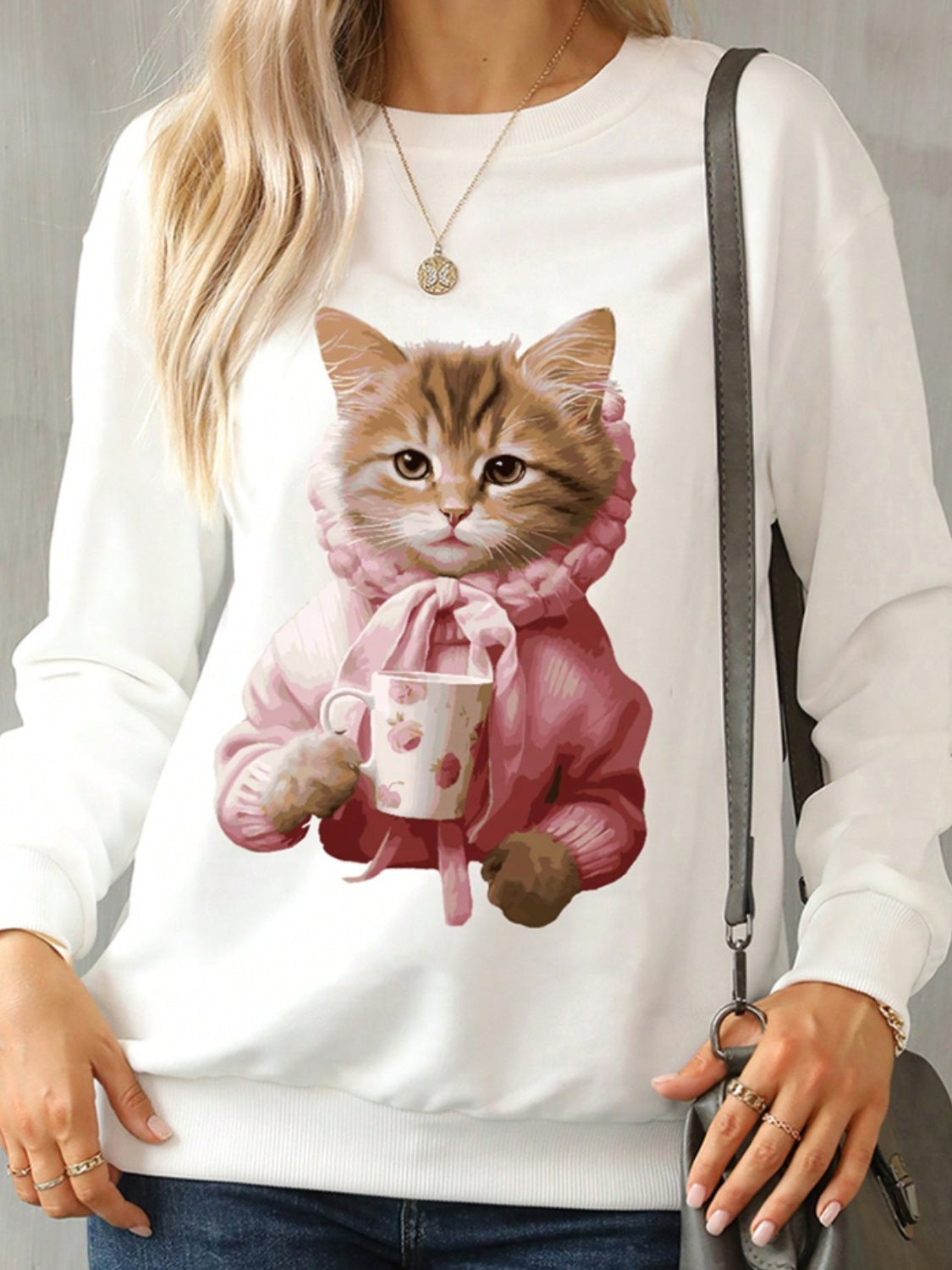 Cat Round Neck Long Sleeve Sweatshirt - felvior