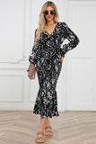 Printed V-Neck Smocked Midi Dress - felvior