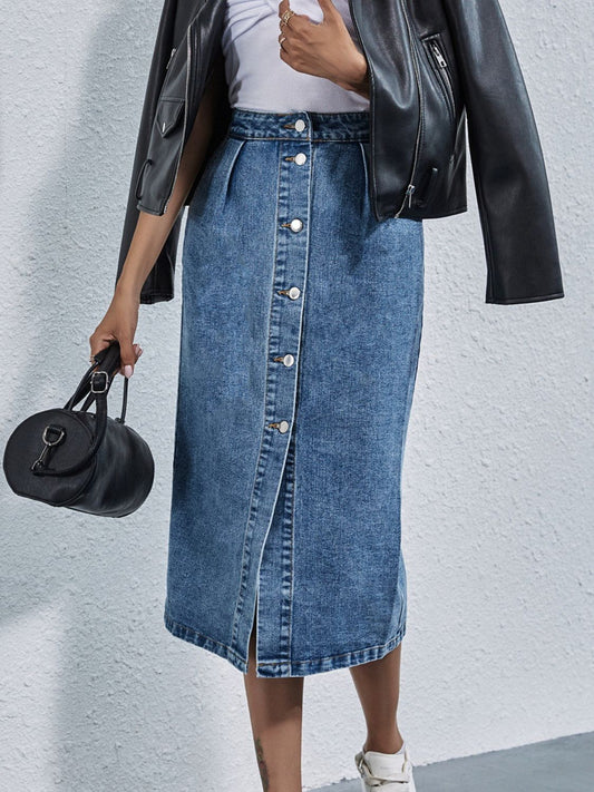 Buttoned Denim Skirt with Pockets - felvior
