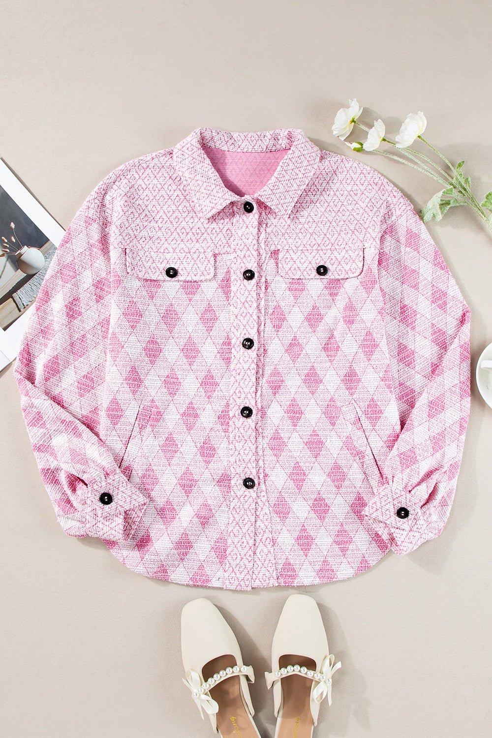Geometric Print Textured Flap Pocket Shacket - felvior