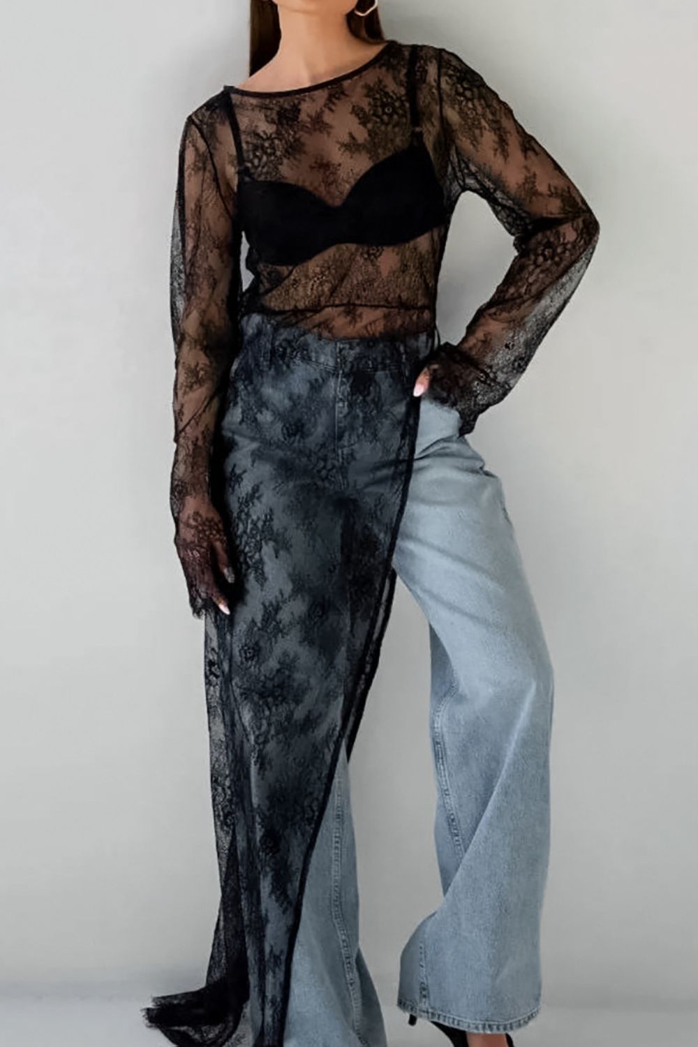 Fringe Round Neck Long Sleeve Lace Sheer Top - felvior