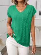 Cable-Knit V-Neck Short Sleeve Knit Top