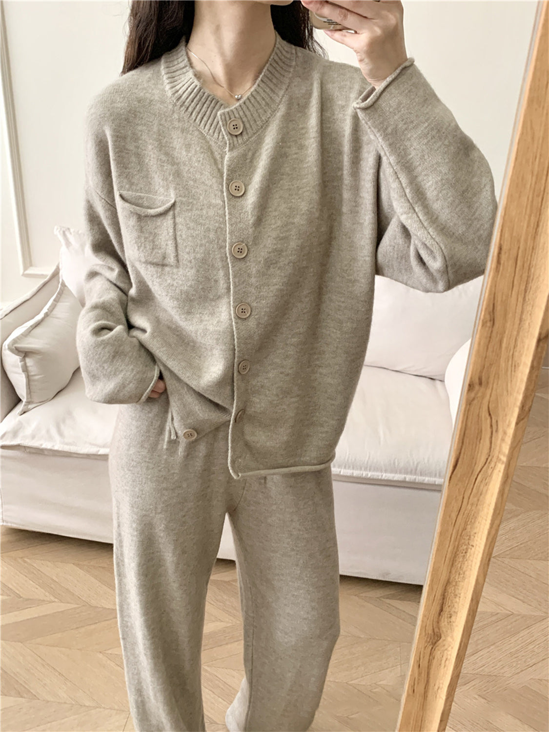 Pocketed Round Neck Button Up Cardigan and Pants Sweater Set - felvior