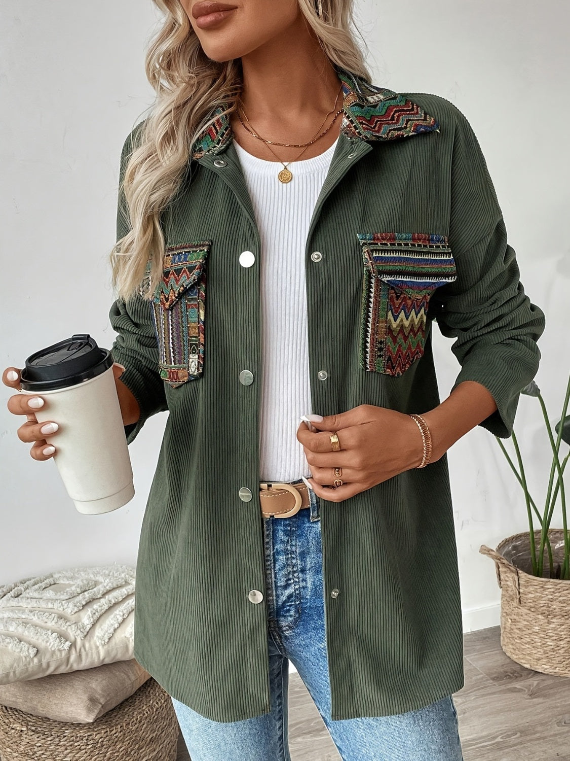 Snap Down Long Sleeve Jacket with Chest Pockets - felvior