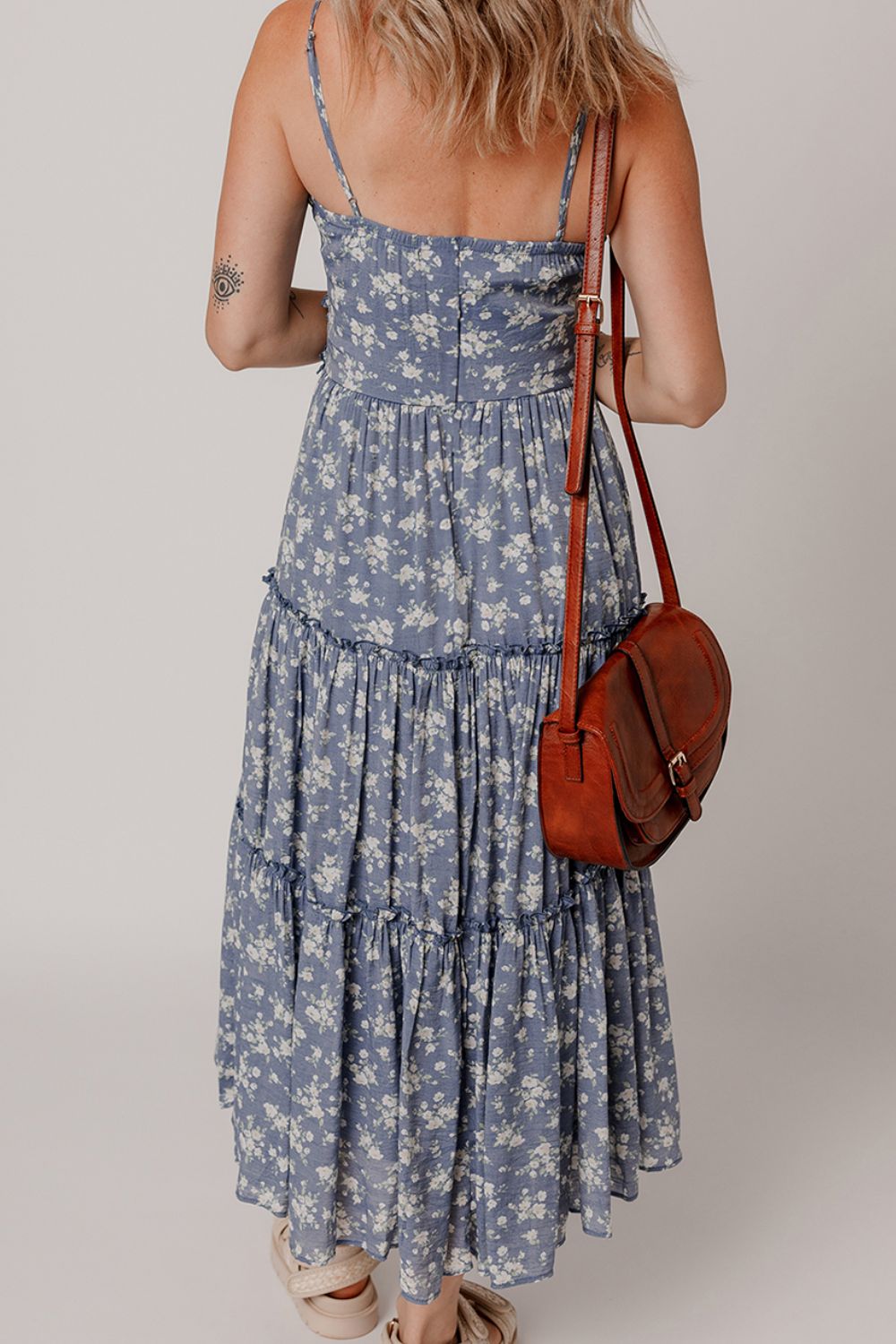 Floral Spaghetti Strap Frilled V Neck Tiered Midi Dress - felvior