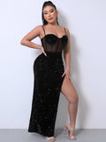 Sequin Spliced Mesh Adjustable Strap Dress - felvior