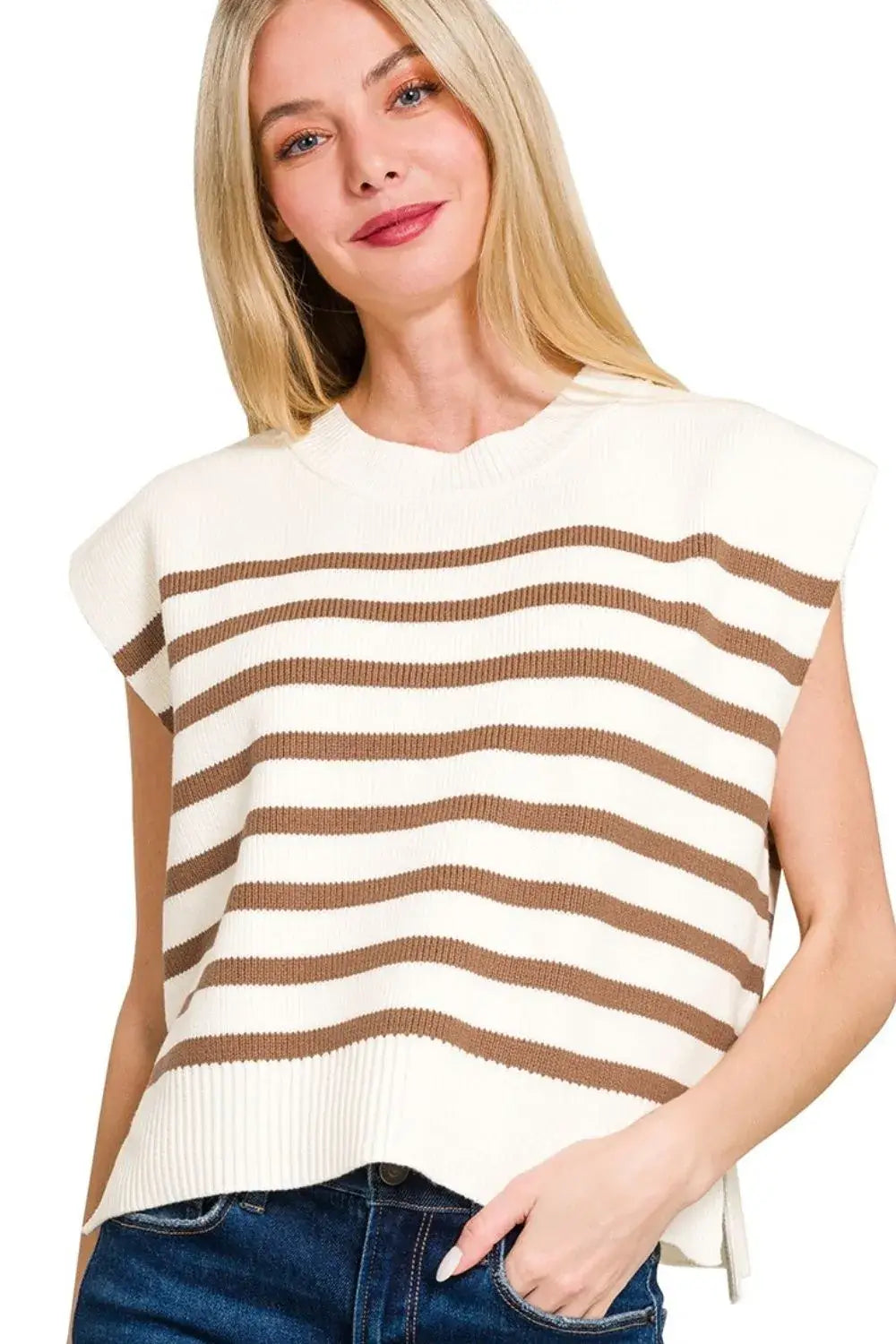 Zenana Oversized Crew Neck Stripe Sweater Vest Hauptbild