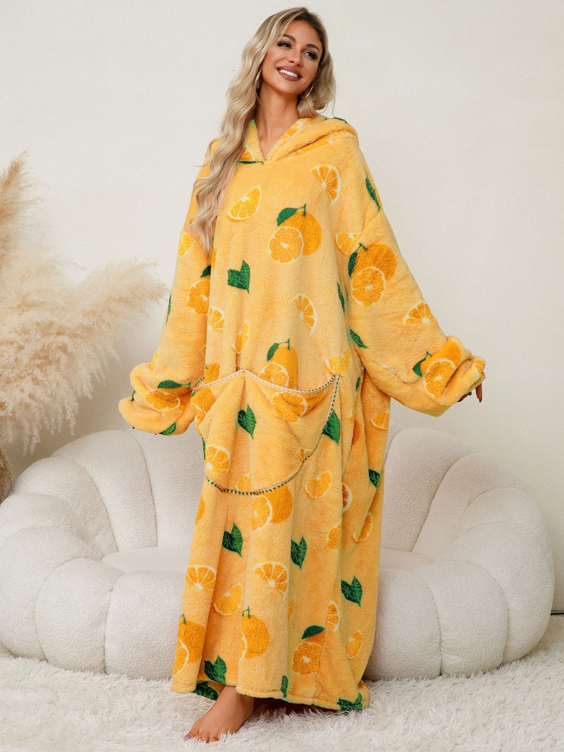Fuzzy Pocketed Long Sleeve Hooded Lounge Dress - felvior