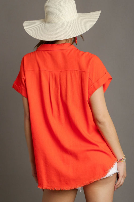 Umgee Full Size Linen Blend Button Down Short Folded Sleeve Shirt Plus Size - felvior