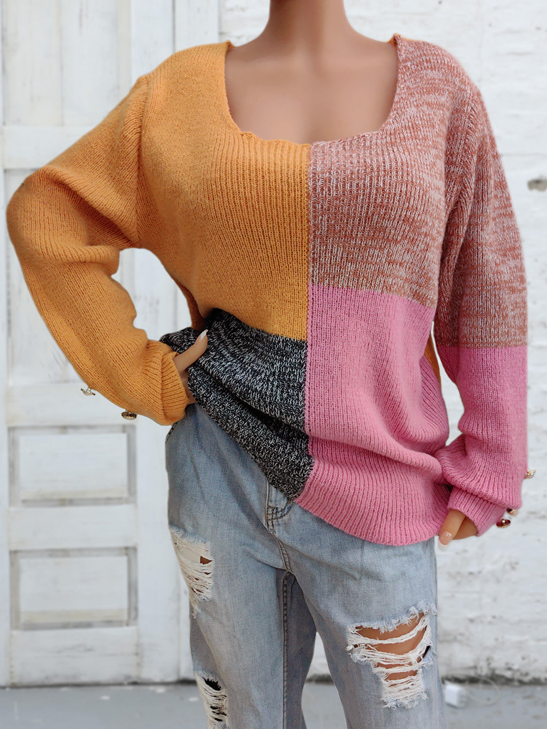 Color Block Decorative Button Long Sleeve Sweater - felvior