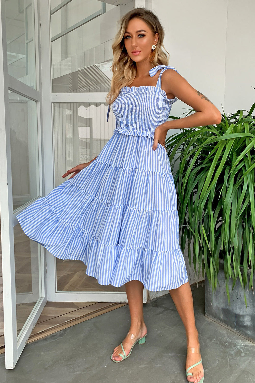 Striped Tie-Shoulder Tiered Dress - felvior
