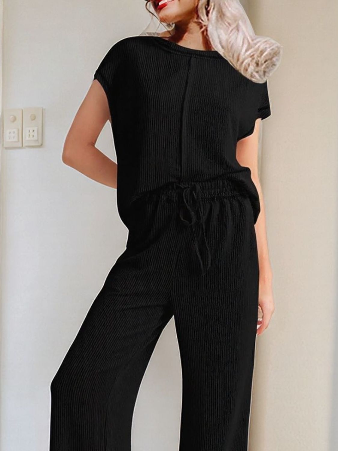 Ribbed Exposed Seam Top and Pants Set - felvior