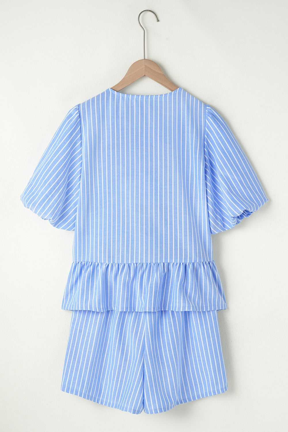 Striped Bowknot Detail Puff Sleeve Top and Shorts Set - felvior