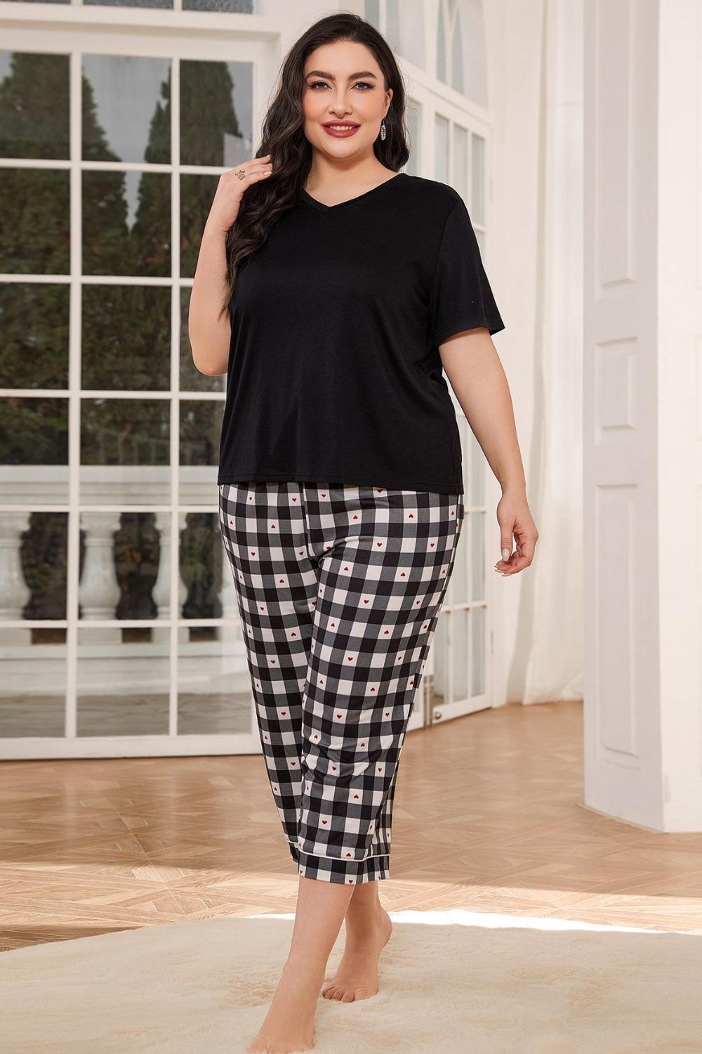 V-Neck Tee and Plaid Cropped Pants Lounge Set - felvior