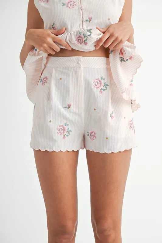 MABLE Stripe Embroidered Peplum Cami and Shorts Set - felvior