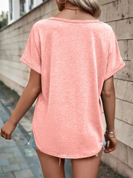Full Size Notched Short Sleeve T-Shirt Plus Size - felvior