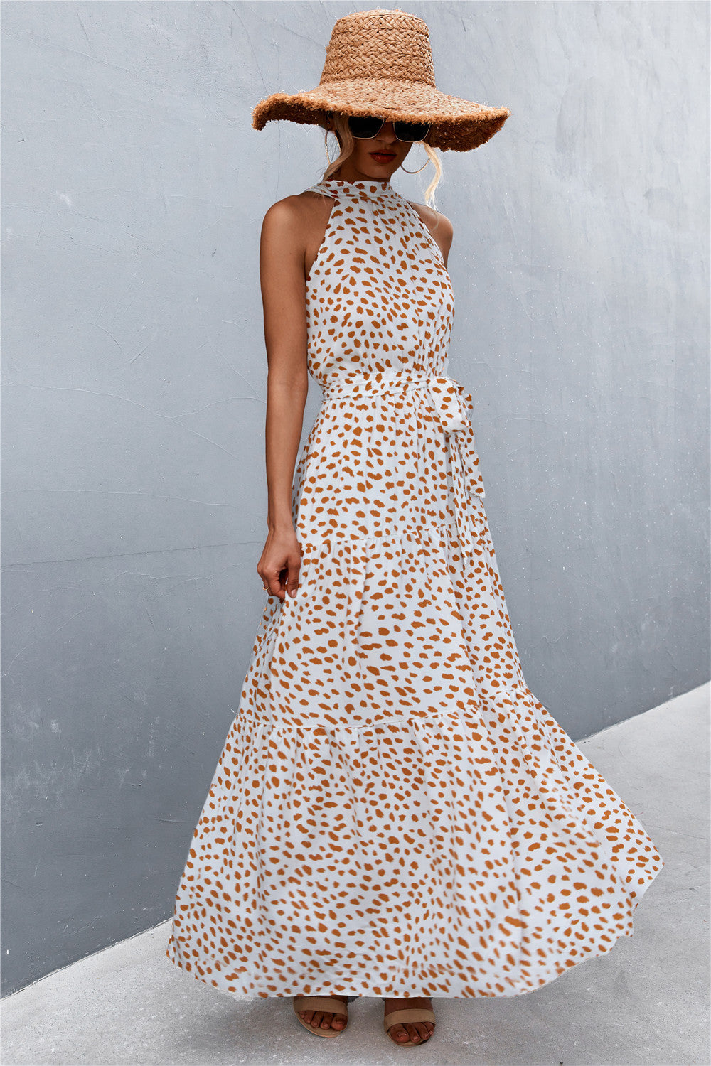 Printed Sleeveless Tie Waist Maxi Dress - felvior