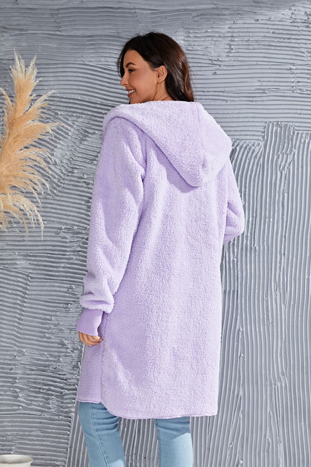 Double Take Full Size Hooded Teddy Bear Jacket with Thumbholes - felvior