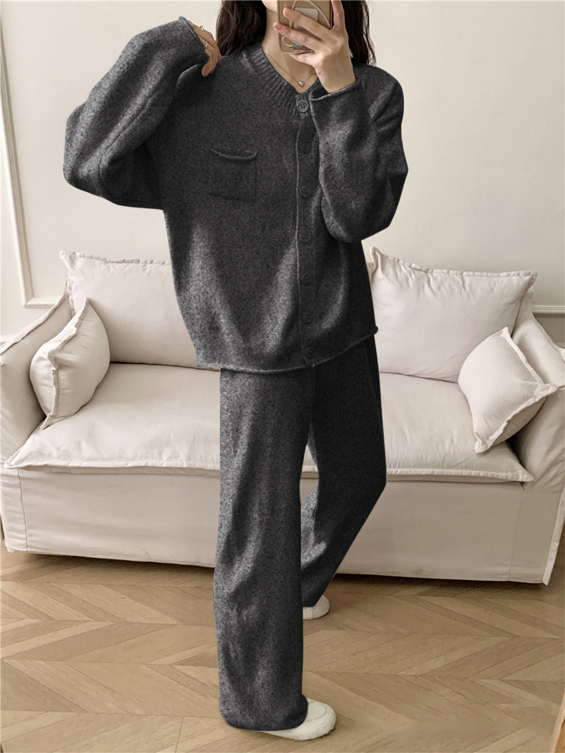 Pocketed Round Neck Button Up Cardigan and Pants Sweater Set - felvior