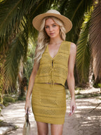 Openwork V-Neck Top and Skirt Knit Cover Up Set