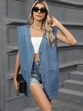 V-Neck Button Up Denim Vest - felvior