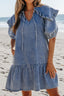 Ruffled Side Pockets Puff Sleeve Denim Mini Dress