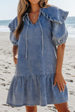 Ruffled Side Pockets Puff Sleeve Denim Mini Dress - felvior