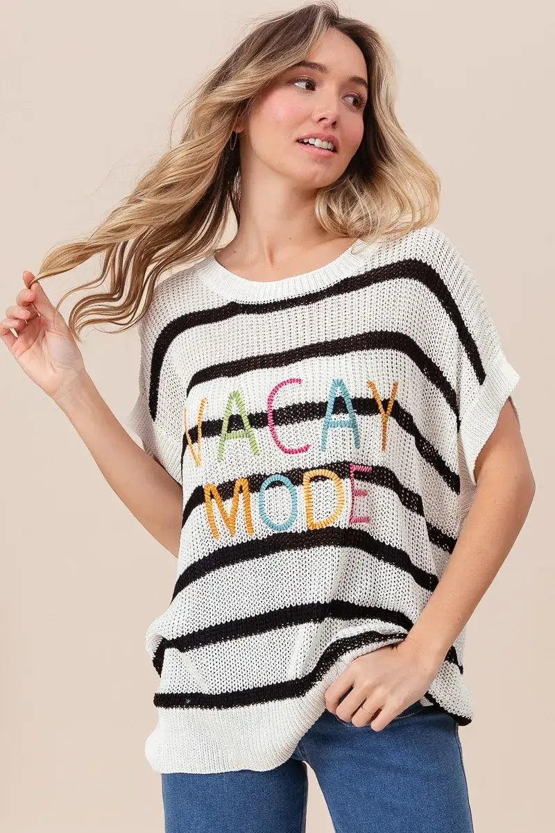 BiBi Vacay Mode Lettering Drop Shoulder Striped Sweater