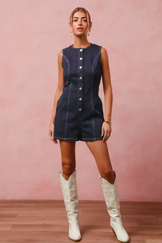 SO ME Button Up Front Washed Denim Sleeveless Romper