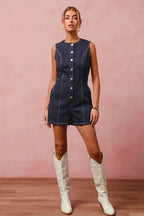 SO ME Button Up Front Washed Denim Sleeveless Romper