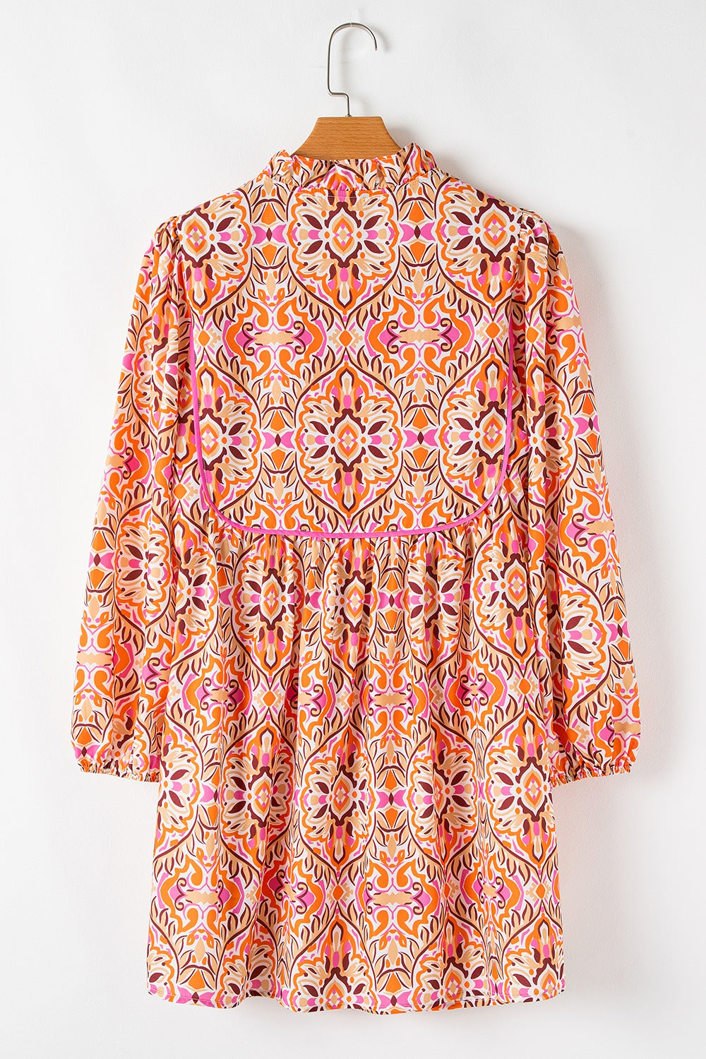Printed Tie Neck Long Sleeve Mini Dress - felvior