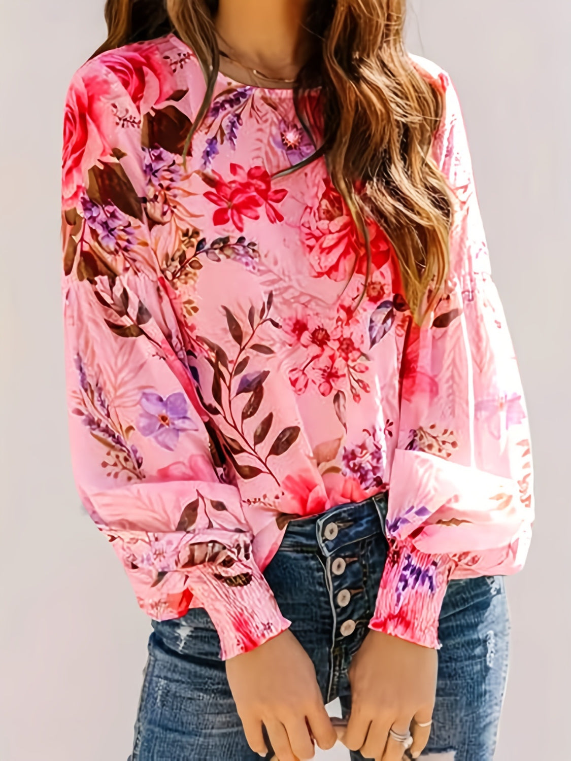 Smocked Printed Round Neck Lantern Sleeve Blouse - felvior