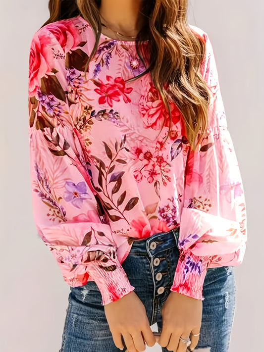 Smocked Printed Round Neck Lantern Sleeve Blouse - felvior