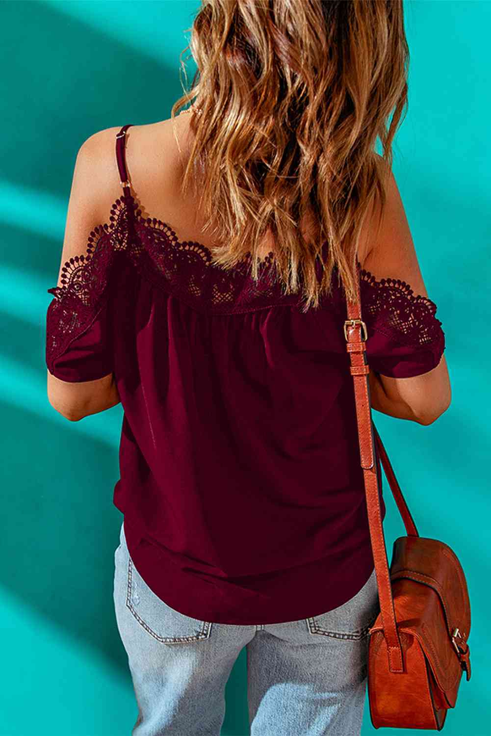 Spaghetti Strap Cold-Shoulder Lace Trim Blouse - felvior