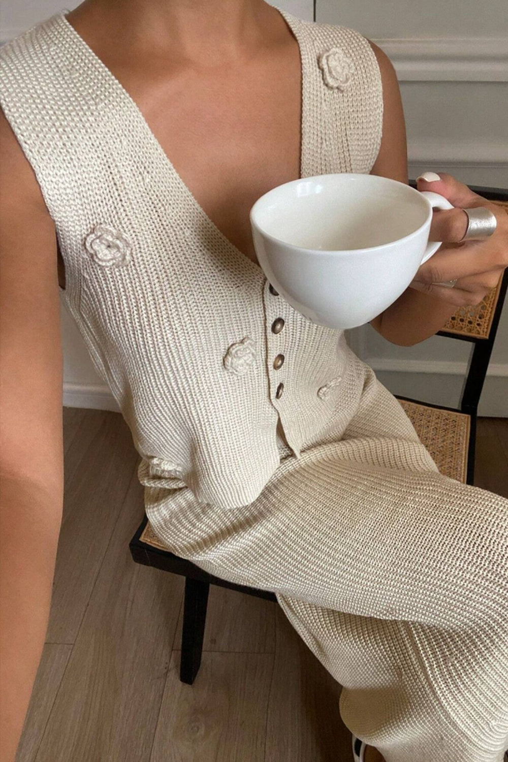 Flower V-Neck Vest and Skirt Sweater Set