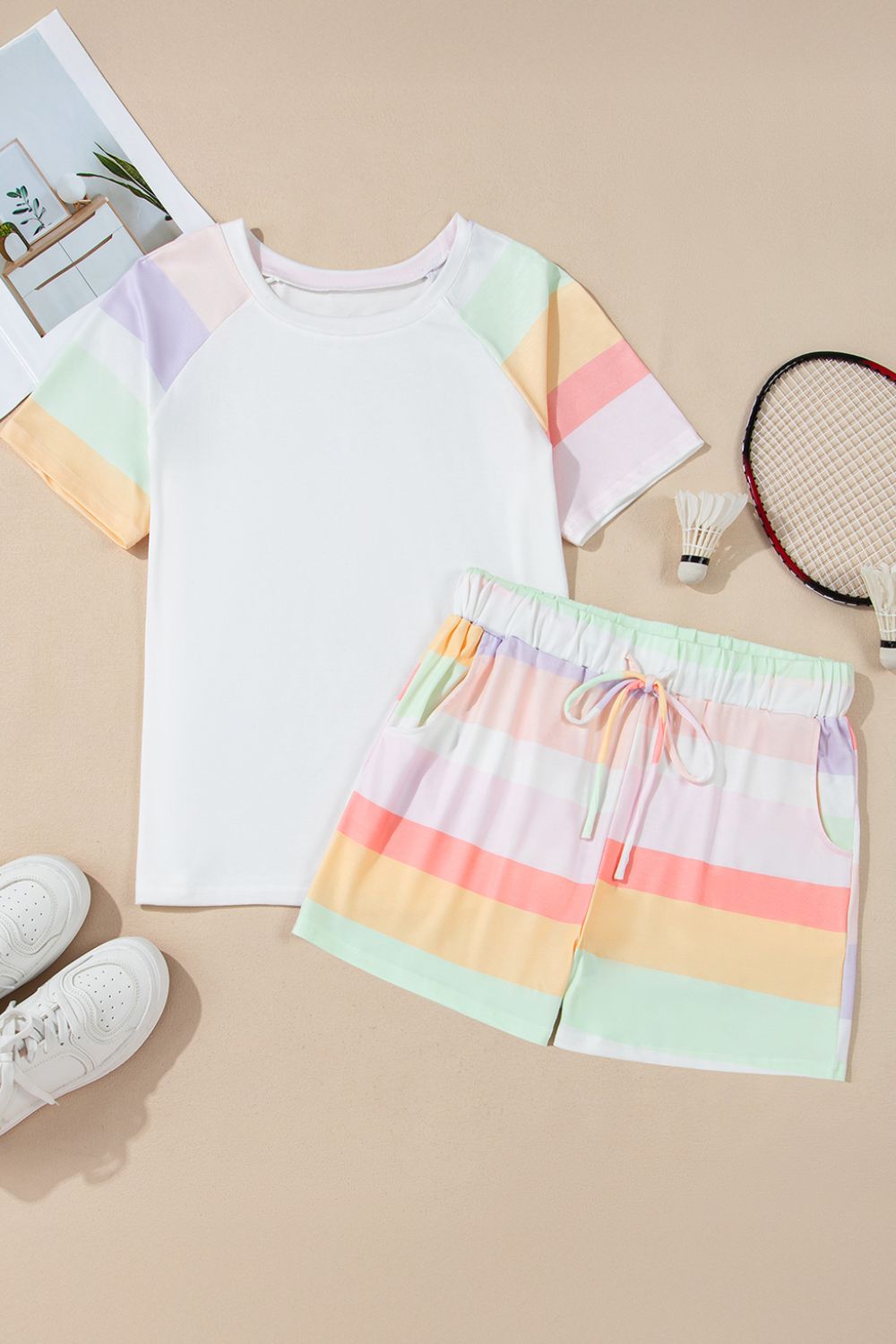 Rainbow Striped Round Neck T Shirt and Shorts Lounge Set