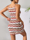 Openwork Striped Spaghetti Strap Knit Dress - felvior