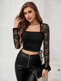 Side Drawstring Square Neck Long Sleeve Top - felvior