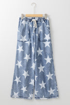 Star Print Washed Drawstring High Waist Wide Leg Jeans