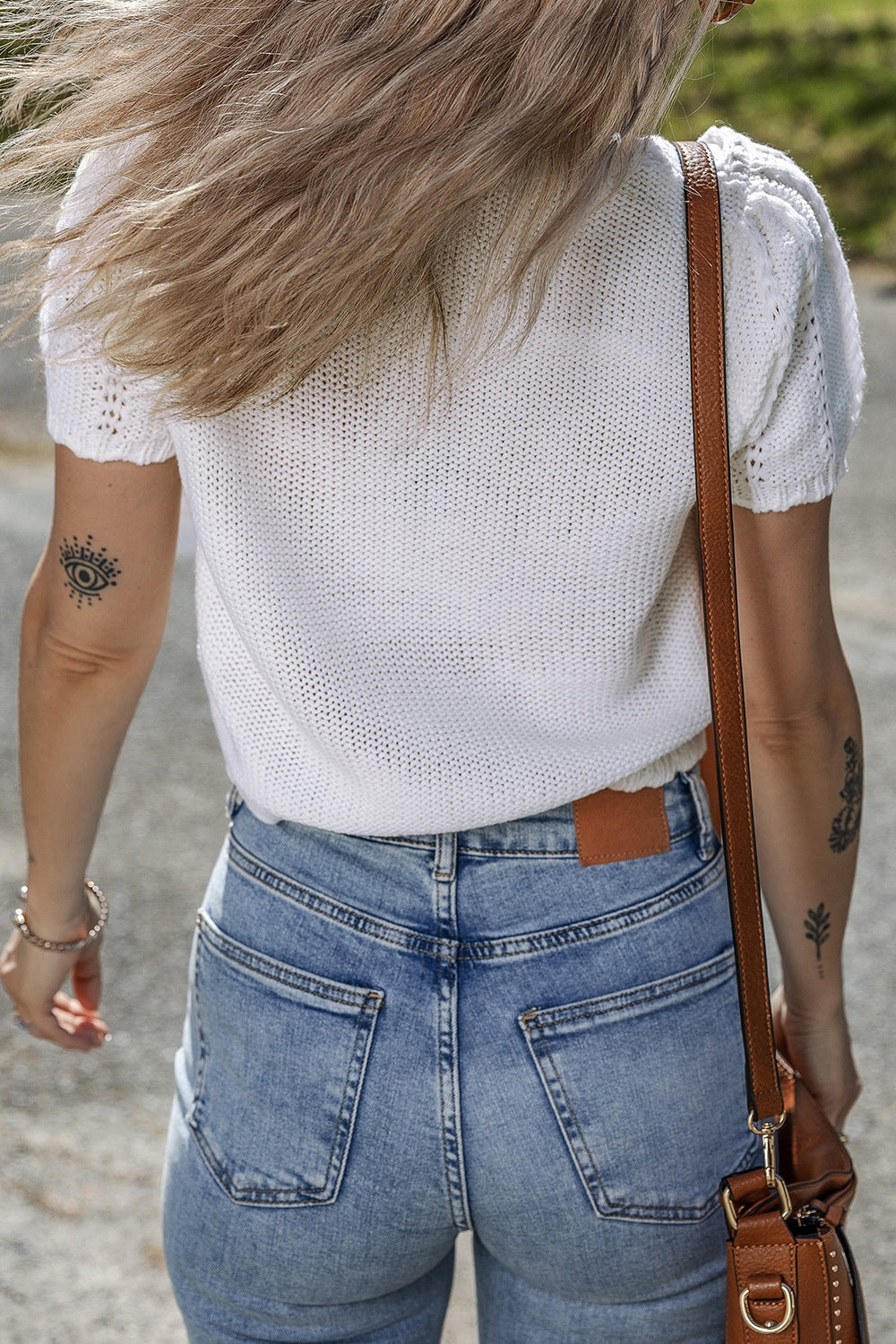 Openwork Round Neck Short Sleeve Knit Top - felvior