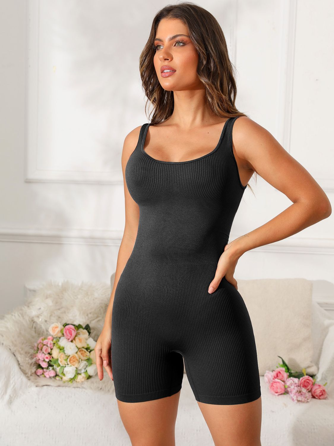 Scoop Neck Wide Strap Active Romper - felvior