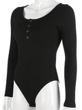 Quarter Snap Ribbed Round Neck Long Sleeve Bodysuit - felvior