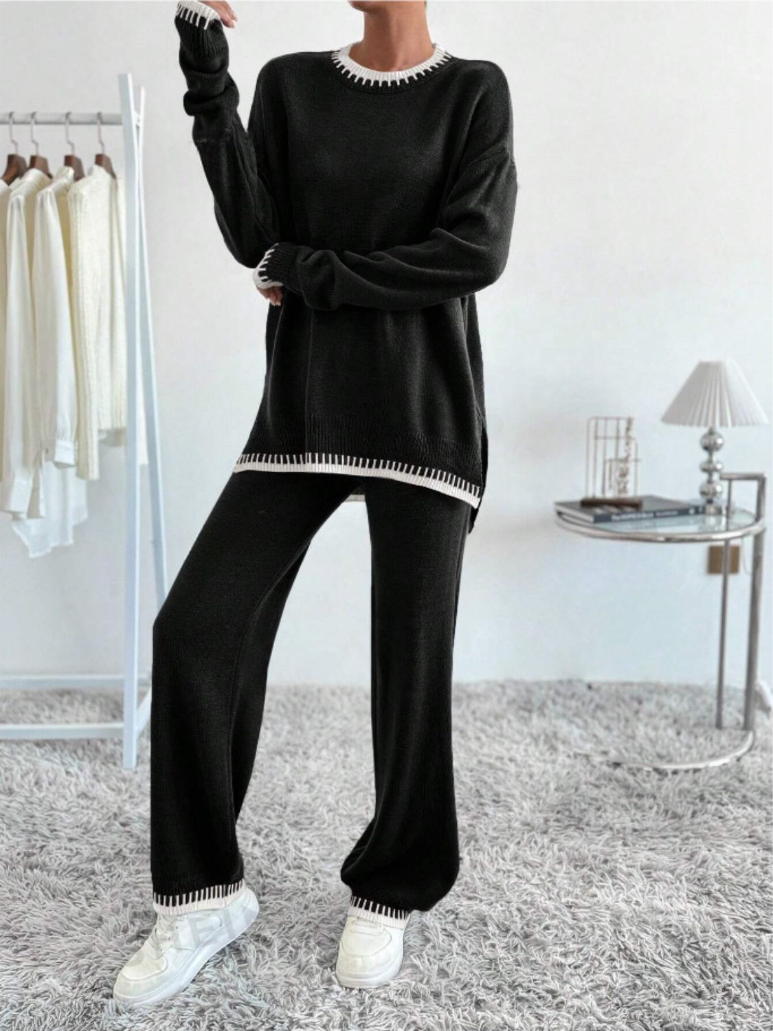 Side Slit Contrast Trim Round Neck Top and Pants Sweater Set - felvior