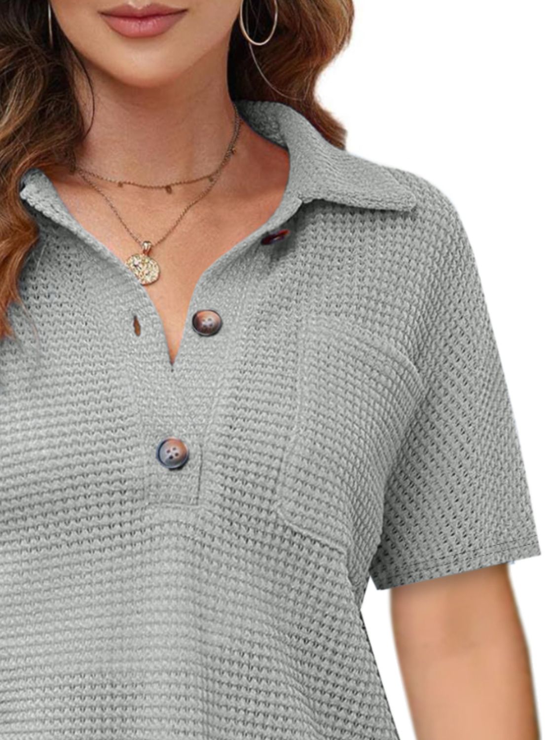 Waffle-Knit Short Sleeve Polo Shirt - felvior