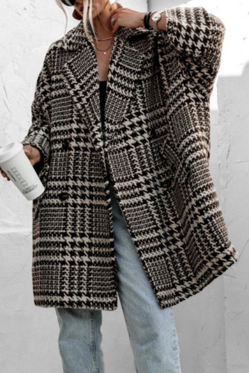 Houndstooth Collared Neck Long Sleeve Coat with Pockets - felvior