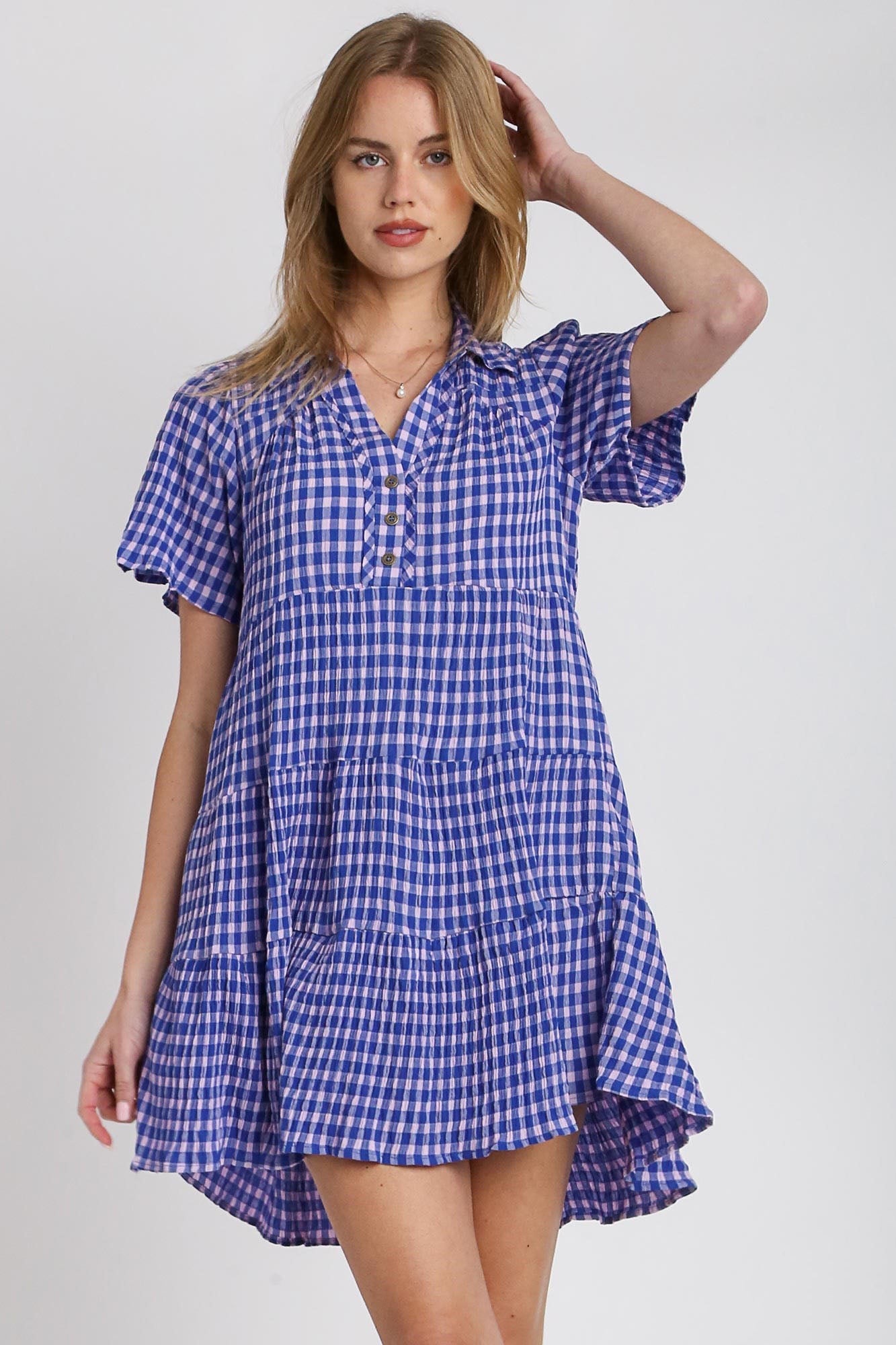 Umgee Full Size Gingham Tiered Button Detail Short Sleeve Dress Plus Size Main image