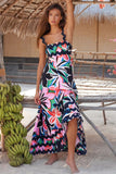 Printed Square Neck Wide Strap Dress - felvior